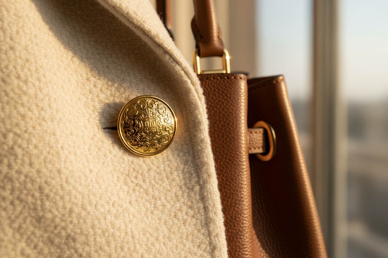 detail foto van vrouwen kleding stuk, met gouden knoop en mooie leren tas